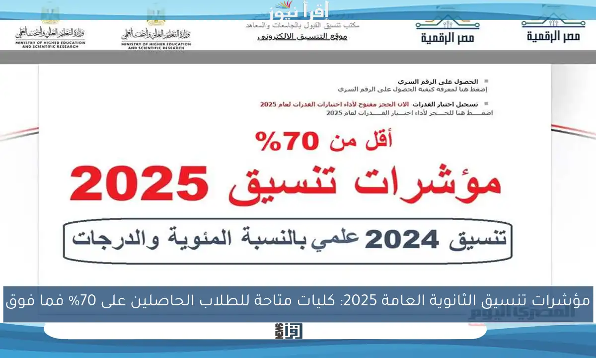 مؤشرات تنسيق الثانوية العامة 2025: كليات متاحة للطلاب الحاصلين على 70% فما فوق