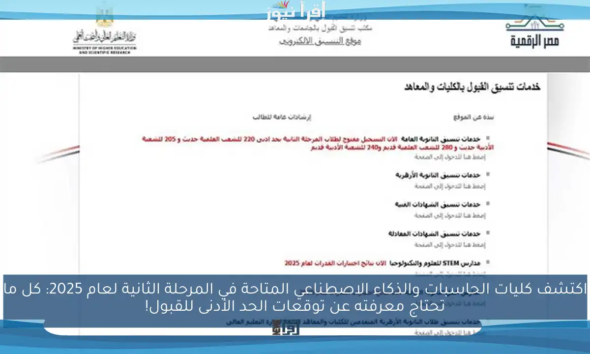 اكتشف كليات الحاسبات والذكاء الاصطناعي المتاحة في المرحلة الثانية لعام 2025: كل ما تحتاج معرفته عن توقعات الحد الأدنى للقبول!