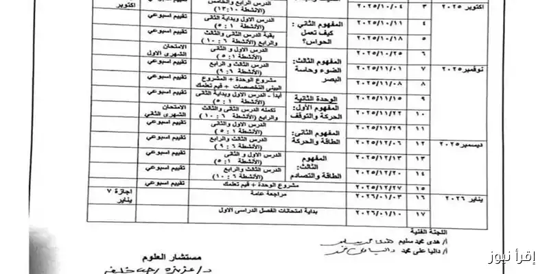 دليل شامل لتوزيع منهج العلوم للمرحلة الإعدادية 2025/2026: الدروس ومواعيد الامتحانات للفصل الأول